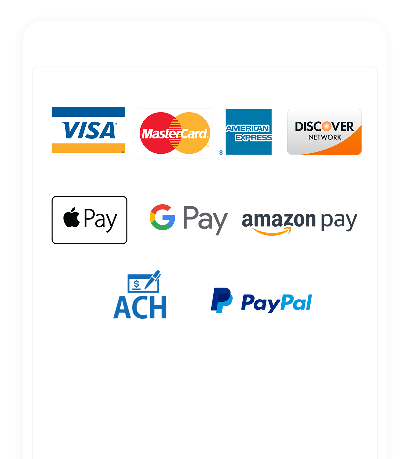 payment-options: Amazon Pay, ACH, apple, google, mastercard, amex, discover, visa, paypal